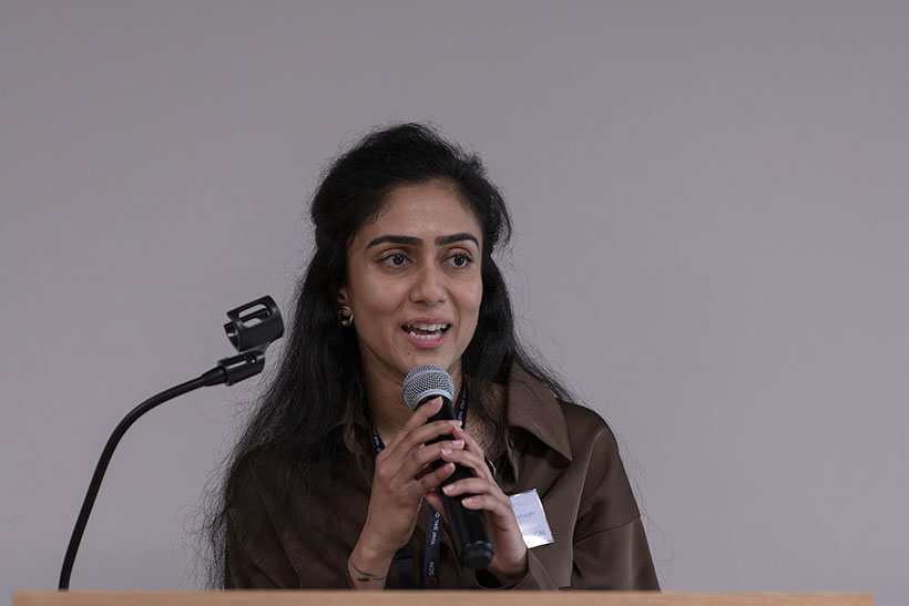 Head and shoulders image of woman addressing audience at  one of the speakers at SGN's Innovation Showcase event