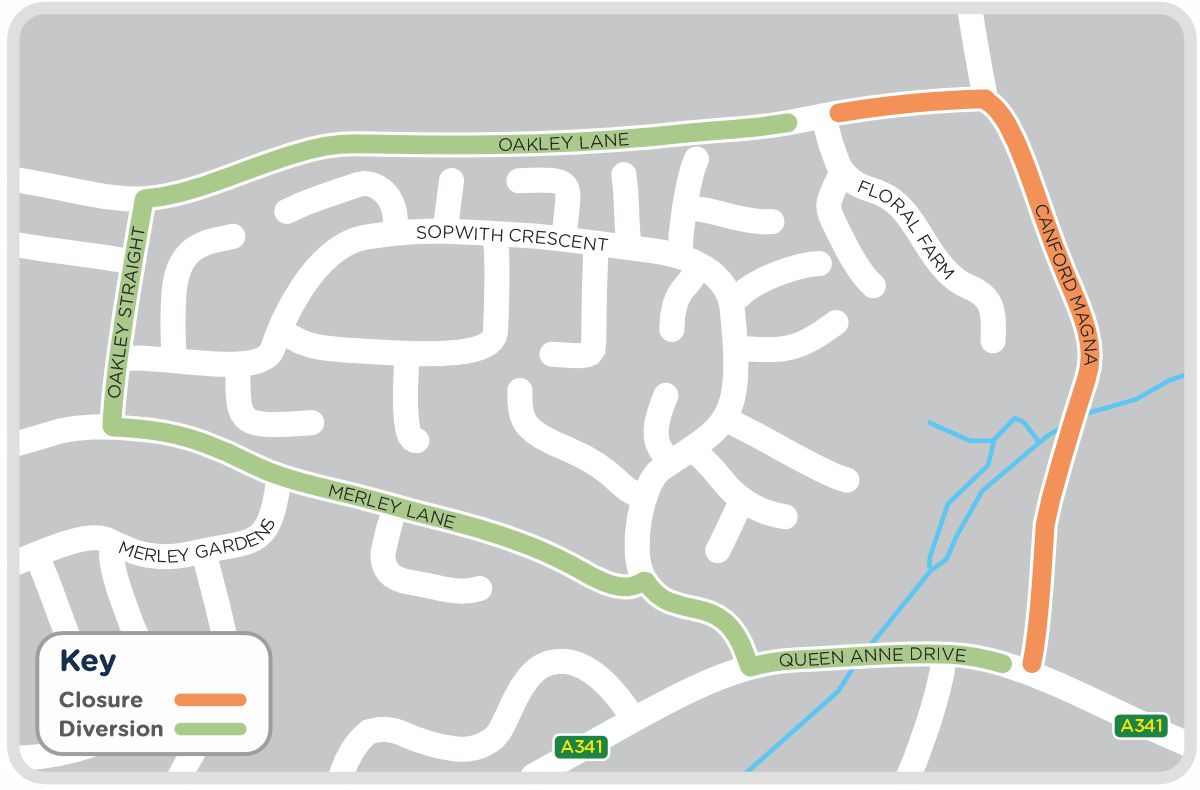 A map outlining our work in Canford Magna and Oakley Lane, as detailed on this page