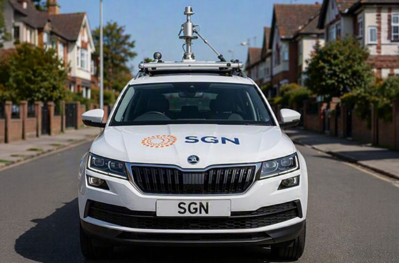 A white, SGN gas leak detection car, driving down a residential street.