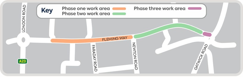 A map showing the work area for gas network upgrades along Fleming Way in Crawley