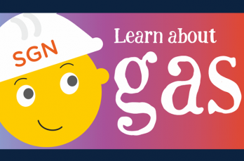 Emoji style face smiling and wearing a SGN hard hat next to text saying learn about gas text 