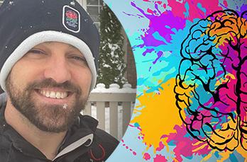 A photo of Chris Barnes alongside a brain with colour explosions