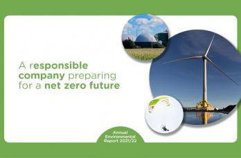 A responsible company preparing for a net zero future. Images of a wind turbine, biomethane plant and hang glider