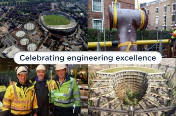 A collage of images including the Oval cricket ground viewed from above, an architect's reimagining of the large gas holder's redevelopment, a large metal piece of pipework, and three engineers in hi vis.