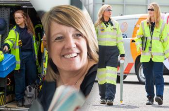 Three female SGN engineers in PPE and the face of a smiling blonde woman next to the Women at SGN logo and #INWED23