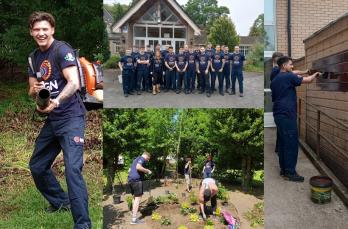 A montage of photo of people in SGN t-shirts gardening, painting a shed, posing in a group, and a young man posing with a leaf blower.