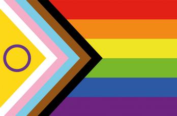 Intersex-Inclusive Pride flag: the six striped rainbow flag overlayed with five arrow-shaped lines in white, pink, light blue, brown and black, to represent the Transgender flag as well as marginalized LGBTQ+ communities of colour. An open purple circle lying on a yellow field also appears, representing intersex individuals.