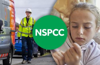 A man in SGN hi vis walking next to an SGN van; a young girl looking unhappy; the NSPCC logo in a green dot