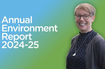 A smiling woman against a blue and green gradient backdrop