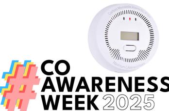 Carbon monoxide alarm with the fault light lit up, alongside the CO Awareness Week 2025 logo