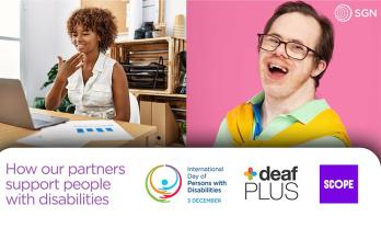 Image showing two separate pix with disabled woman and disabled man, with logos showing the charity partners we work with to help them