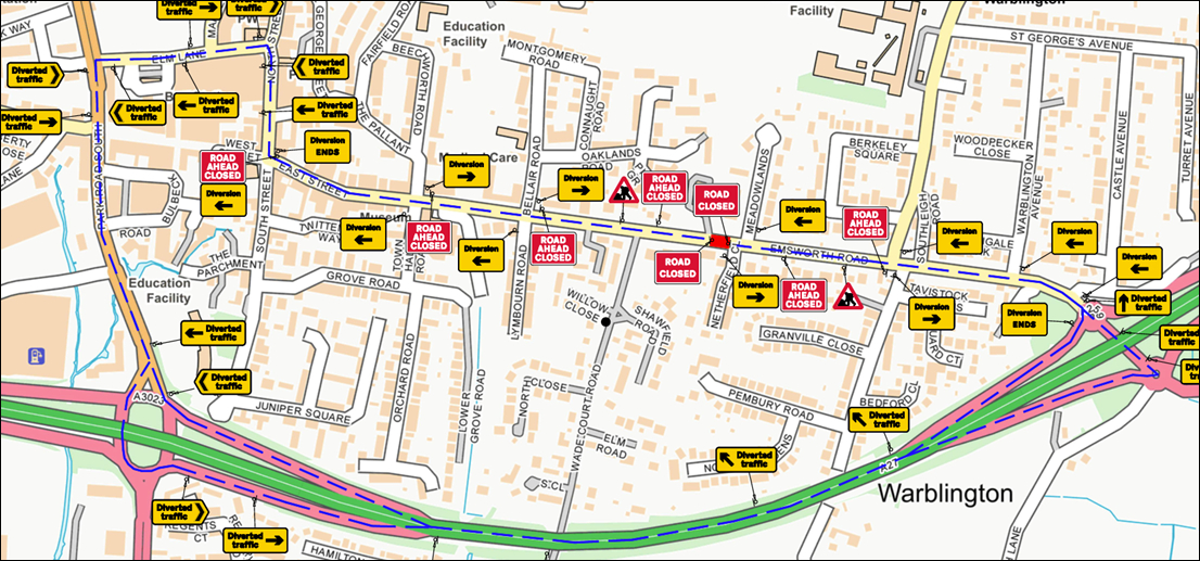 Map showing diversion route